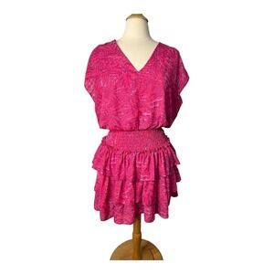 Adrienne Pink Mini Dress Smocked Waist‎ Tiered Ruffle Skirt Women Size Large